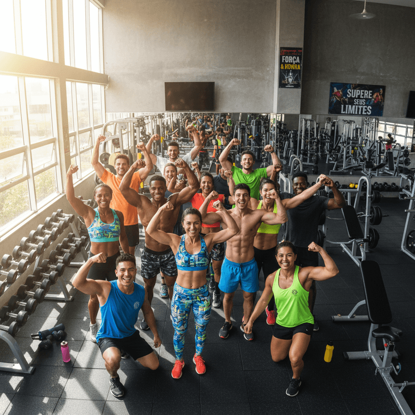 Diverse group of athletes wearing MUSCFIT apparel celebrating together in gym