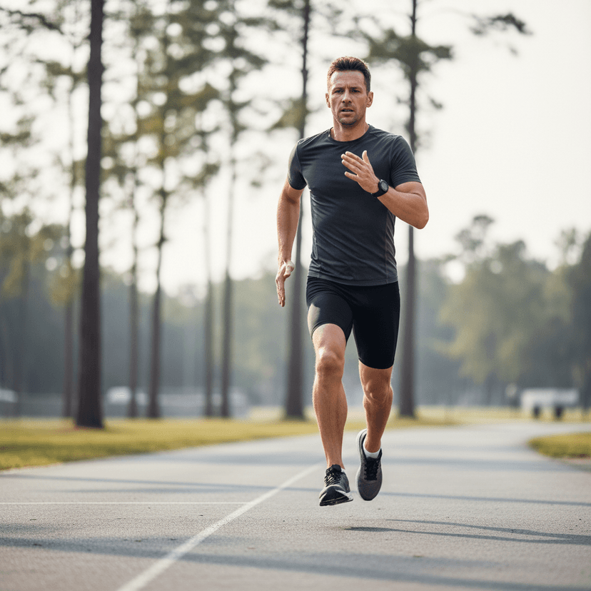 Male marathon runner with athletic build in red running shirt