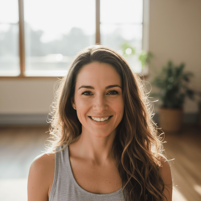 Female yoga instructor with long brown hair in white athletic wear